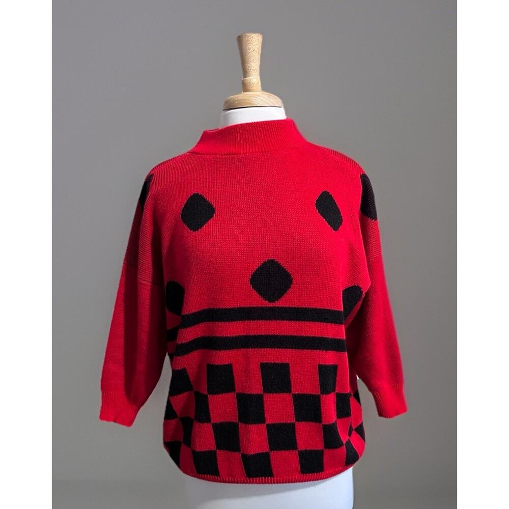 MARLENE 80s Red Black Polka Dot Checker Funky Abstract Acrylic Sweater sz Large